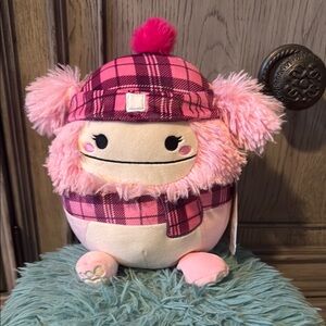 Pink Plaid Plush Toy with Pom-Pom Hat